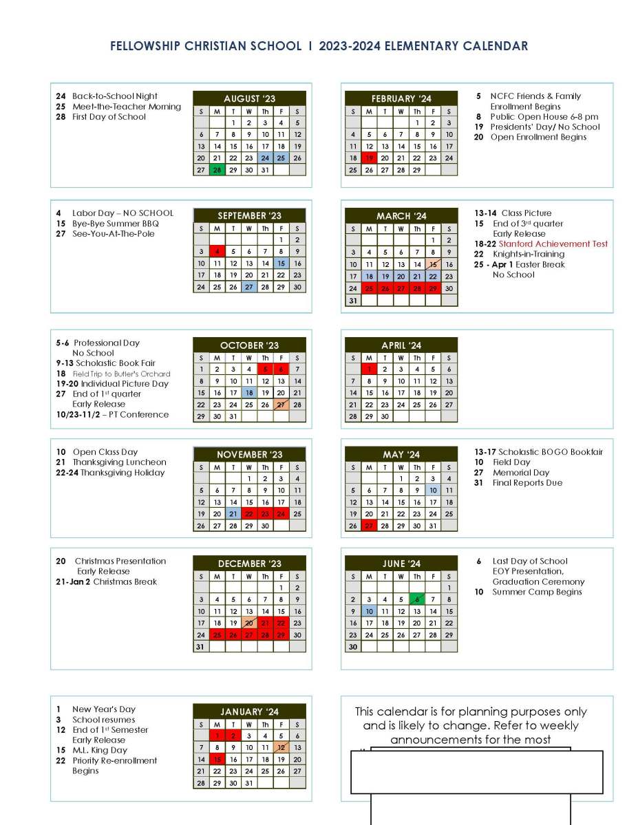 2023 – 2024 Elementary Calendar – Fellowship Christian School